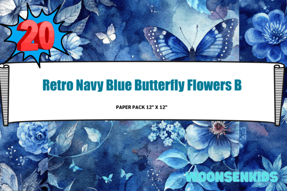 Download New Retro Navy Blue Butterfly Flowers Background Watercolor Png Kdp Digital Paper - Retro Collection