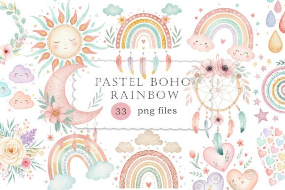Download Pastel Boho Rainbow Clipart Set PNG - Set Collection